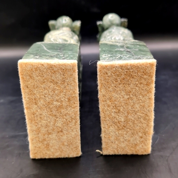 Vintage Pair Hand Carved Solid Genuine Green Jade Dragon Bookends - 10" Tall - Picture 6 of 15